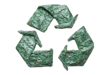 Crumpled green paper recycle symbol isolated on transparent background