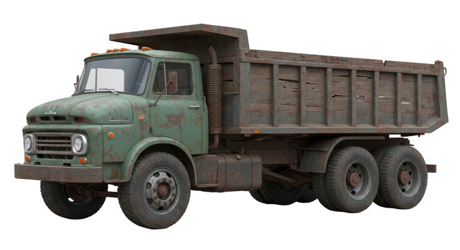 Vintage Green Dump Truck with Weathered Finish on Transparent Background