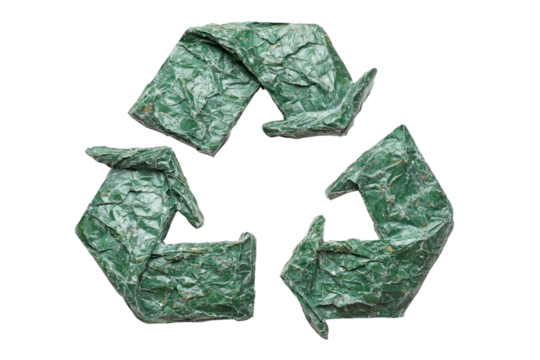 Crumpled green paper recycle symbol isolated on transparent background