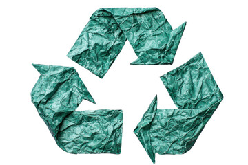 Crumpled green paper recycle symbol isolated on transparent background