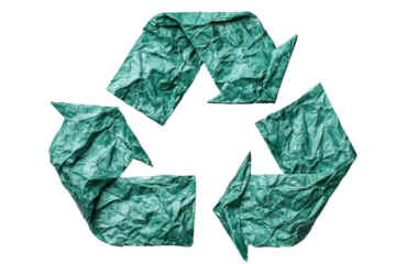 Crumpled green paper recycle symbol isolated on transparent background