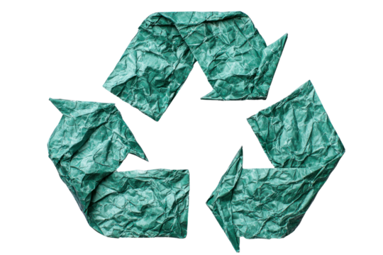 Crumpled green paper recycle symbol isolated on transparent background