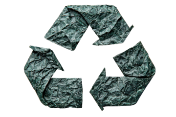 Crumpled green paper recycle symbol isolated on transparent background