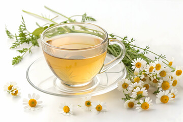 Glass Teacup with Bright Yellow Chamomile Tea on a White Saucer, Fresh and Inviting,Cup of herbal chamomile tea with a sprig of fresh chamomile,cup of tea with flowers.