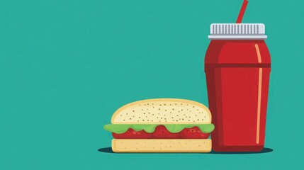 Delicious sandwich with fresh ingredients alongside a refreshing beverage on a vibrant background perfect for food-themed designs and promotions