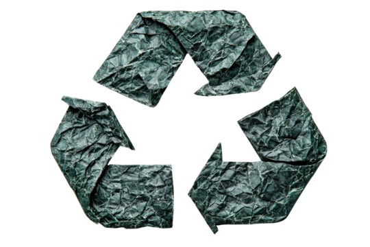 Crumpled green paper recycle symbol isolated on transparent background