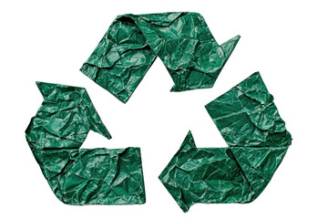Crumpled green paper recycle symbol isolated on transparent background