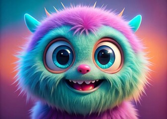 Obraz premium Cute Monster Cartoon Portrait, Friendly Monster Character, Adorable Creature Illustration