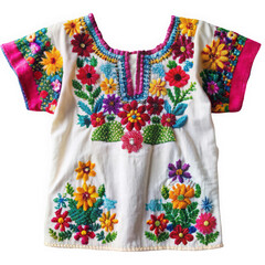 A vibrant and colorful traditional blouse featuring intricate floral embroidery, showcasing a variety of flowers in bright shades, perfect for cultural celebrations.