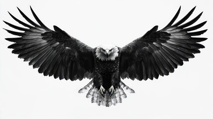 Monochromatic Eagle in Mid-Flight Realistic Drawing on White Background
