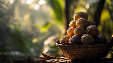 Peruvian Aguaje Palm Fruit stacked a woven basket warm silhouette lighting creating deep contrast Amazonian jungle in the softly blurred background