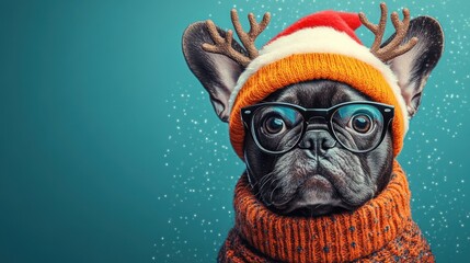Fototapeta premium French Bulldog in Santa Hat and Sunglasses Christmas Card Funny Holiday Greeting