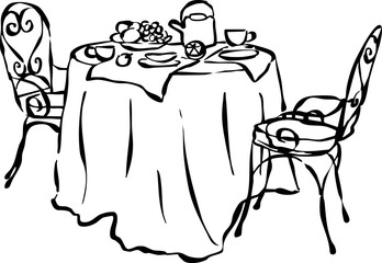 Mesa de brunch dibujada a mano. Ilustración para invitación, papelería o branding. Icono de cena para invitación de fiesta