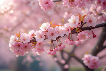 Close-Up of Pink Cherry Blossoms in Full Bloom with Delicate Petals and Yellow Stamens,Spring Blossoms: Vibrant Fruit Tree Flowers in Full Bloom,"Peach Blossom Beauty: High Definition Photography. 
