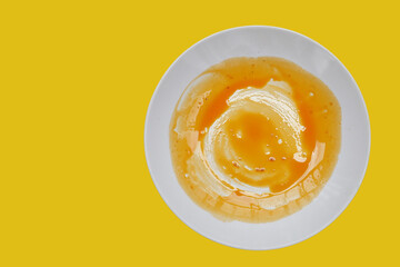 Dirty dishes on yellow background. Top view