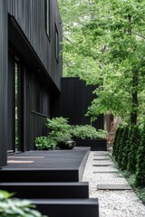Modern black house exterior surrounded by lush greenery and carefully designed landscaping in a tranquil residential area during daylight