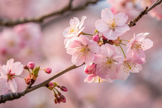 Close-Up of Pink Cherry Blossoms in Full Bloom with Delicate Petals and Yellow Stamens,Spring Blossoms: Vibrant Fruit Tree Flowers in Full Bloom,"Peach Blossom Beauty: High Definition Photography. 
