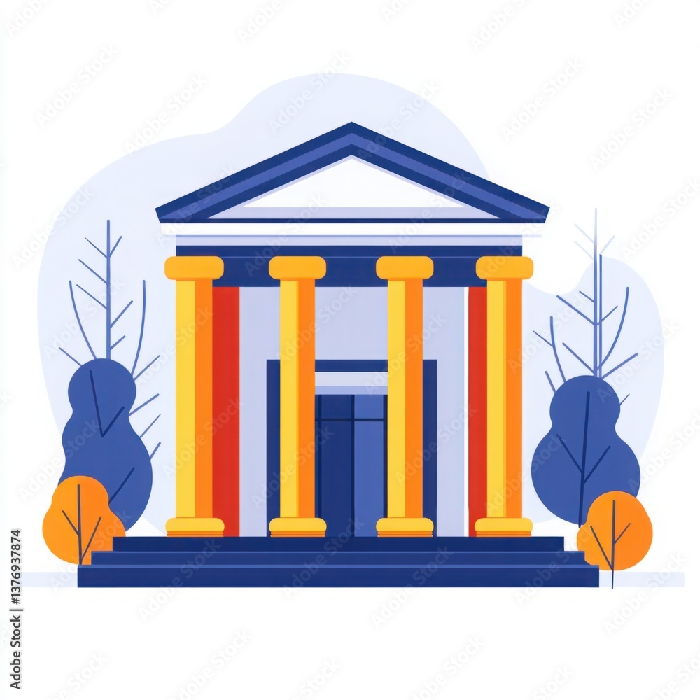 Poster modern illustration of a classic building with columns and colorful design, representing architectur