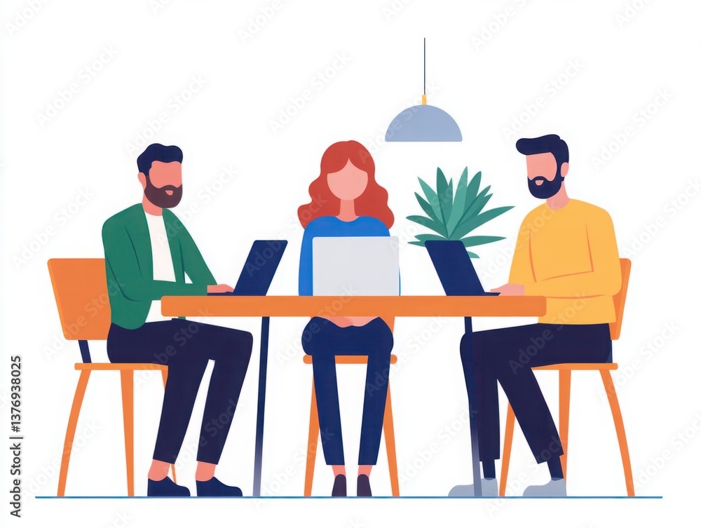 Poster group of three colleagues collaborating at a table with laptops in a bright workspace, modern design