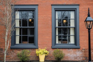 Beautiful brick building exterior featuring large windows with black frames, inviting yellow flower pot, and elegant street lamp adding charm to the urban landscape