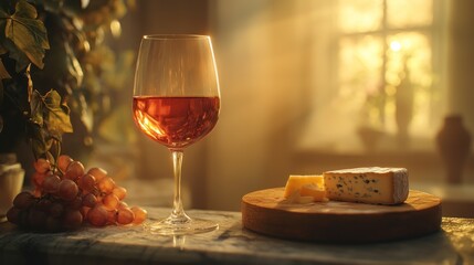 Naklejka premium Wine, cheese, grapes, sunlit home interior