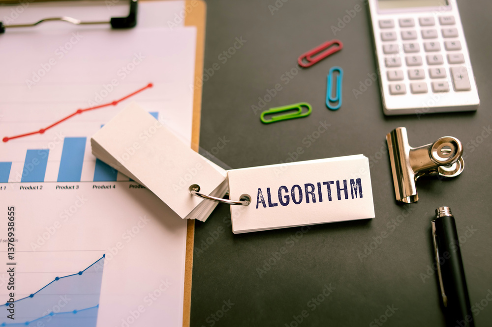 Poster there is word card with the word algorithm. it is as an eye-catching image.