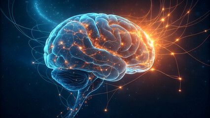 Vibrant Glowing Brain in a Cosmic Neural Network,ethereal illustration of a human brain with glowing neurons a deep cosmos swirling in the background ,A digital brain concept illustrating the potentia