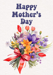 Vibrant mother's day flower bouquet with text and red bow for greeting cards and floral shops - concept of florists, card makers, gift shops