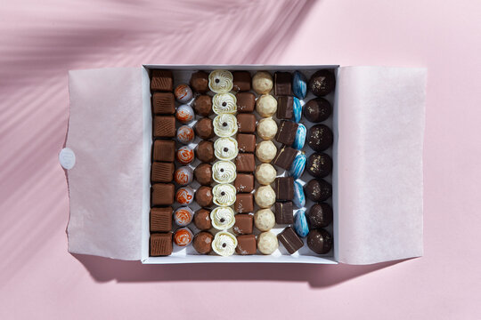 Chocolate pralines in a box.