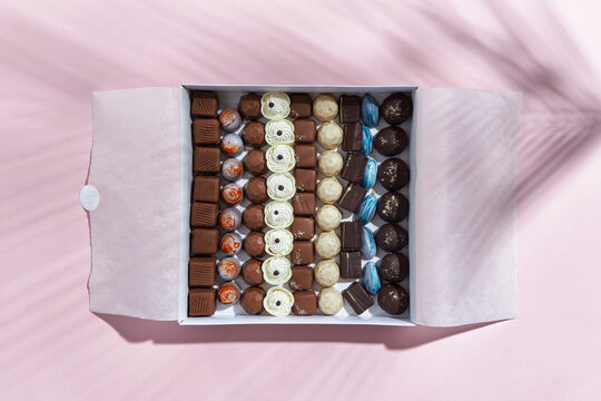 Chocolate pralines in a box.