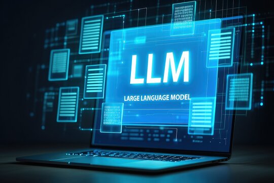 LLM, AI large language model concept, Big data, data transfer, generative ai, natural language generative and data mining. Businessman using laptop with large language model on virtual screen.