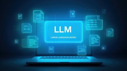 LLM, AI large language model concept, Big data, data transfer, generative ai, natural language generative and data mining. Businessman using laptop with large language model on virtual screen.