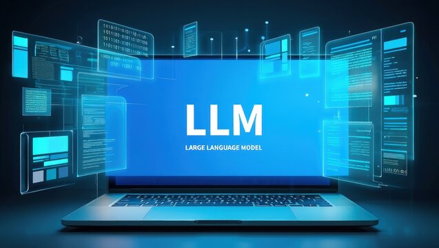 LLM, AI large language model concept, Big data, data transfer, generative ai, natural language generative and data mining. Businessman using laptop with large language model on virtual screen.