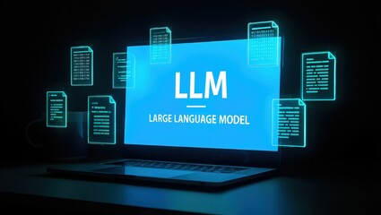 LLM, AI large language model concept, Big data, data transfer, generative ai, natural language generative and data mining. Businessman using laptop with large language model on virtual screen.
