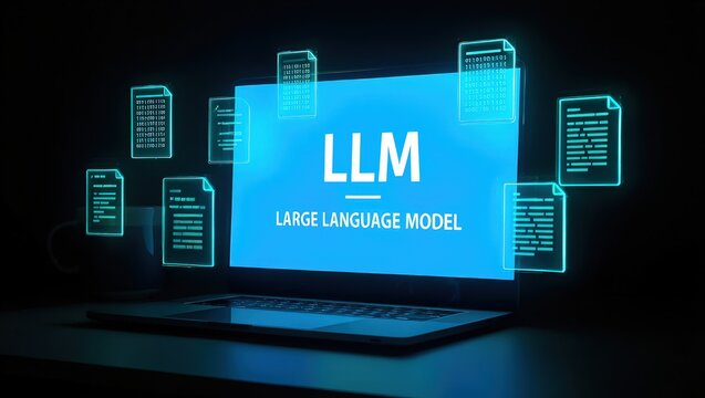 LLM, AI large language model concept, Big data, data transfer, generative ai, natural language generative and data mining. Businessman using laptop with large language model on virtual screen.