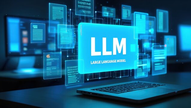 LLM, AI large language model concept, Big data, data transfer, generative ai, natural language generative and data mining. Businessman using laptop with large language model on virtual screen.