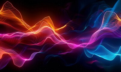 Fototapeta premium Abstract background with colorful, glowing sound waves on a black backdrop. Glowing, neon wavy