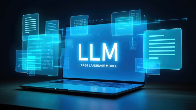 LLM, AI large language model concept, Big data, data transfer, generative ai, natural language generative and data mining. Businessman using laptop with large language model on virtual screen.