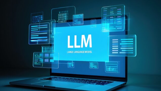 LLM, AI large language model concept, Big data, data transfer, generative ai, natural language generative and data mining. Businessman using laptop with large language model on virtual screen.