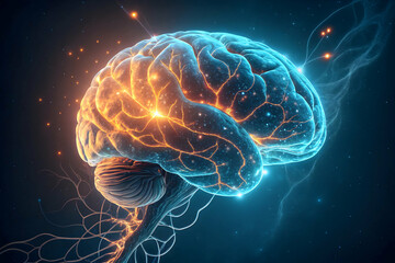 Obraz premium Vibrant Glowing Brain in a Cosmic Neural Network,ethereal illustration of a human brain with glowing neurons a deep cosmos swirling in the background ,A digital brain concept illustrating the potentia