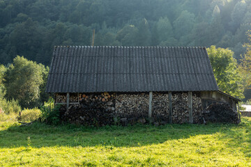 Landscape of old barn with woods in forest