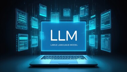 LLM, AI large language model concept, Big data, data transfer, generative ai, natural language generative and data mining. Businessman using laptop with large language model on virtual screen.