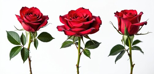 Three vibrant red roses isolated on white. Classic symbol love, beauty and romance. Perfect for Valentine cards, wedding decor, floral design, greeting cards, gift ideas, commercial projects.