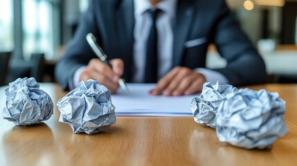 A man holding a pen and writing something, with a crumpled paper ball next to him