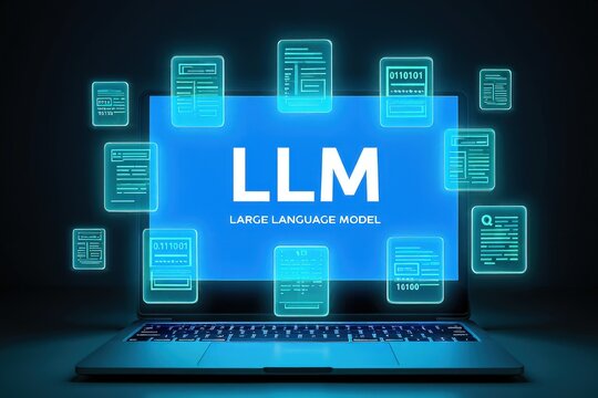 LLM, AI large language model concept, Big data, data transfer, generative ai, natural language generative and data mining. Businessman using laptop with large language model on virtual screen.