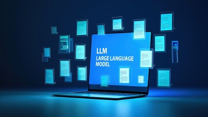 LLM, AI large language model concept, Big data, data transfer, generative ai, natural language generative and data mining. Businessman using laptop with large language model on virtual screen.