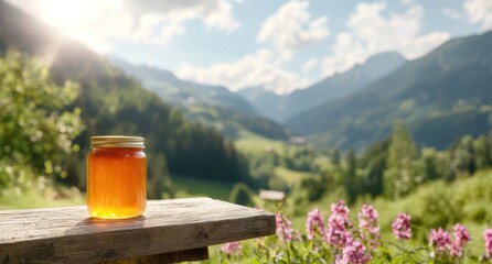 Honey jar on table in Alps. For organic food production promotion backdrop