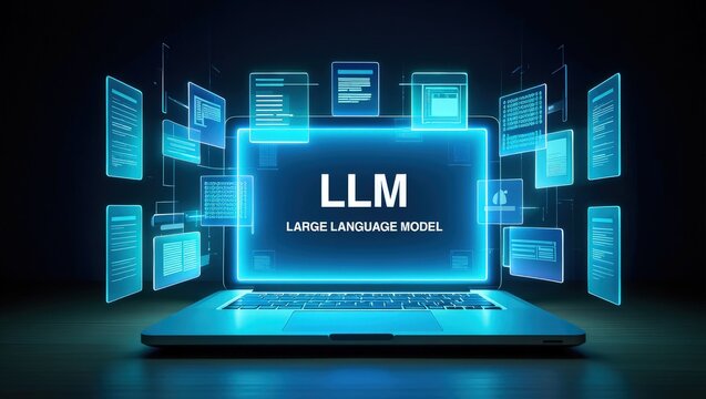 LLM, AI large language model concept, Big data, data transfer, generative ai, natural language generative and data mining. Businessman using laptop with large language model on virtual screen.