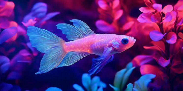 Blind cavefish iridescent glowing scale swimming through vividly colored underwater ecosystem of bioluminescent plant creature vibrant scene creates magical surreal depiction of evolution mysterious