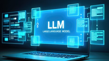LLM, AI large language model concept, Big data, data transfer, generative ai, natural language generative and data mining. Businessman using laptop with large language model on virtual screen.